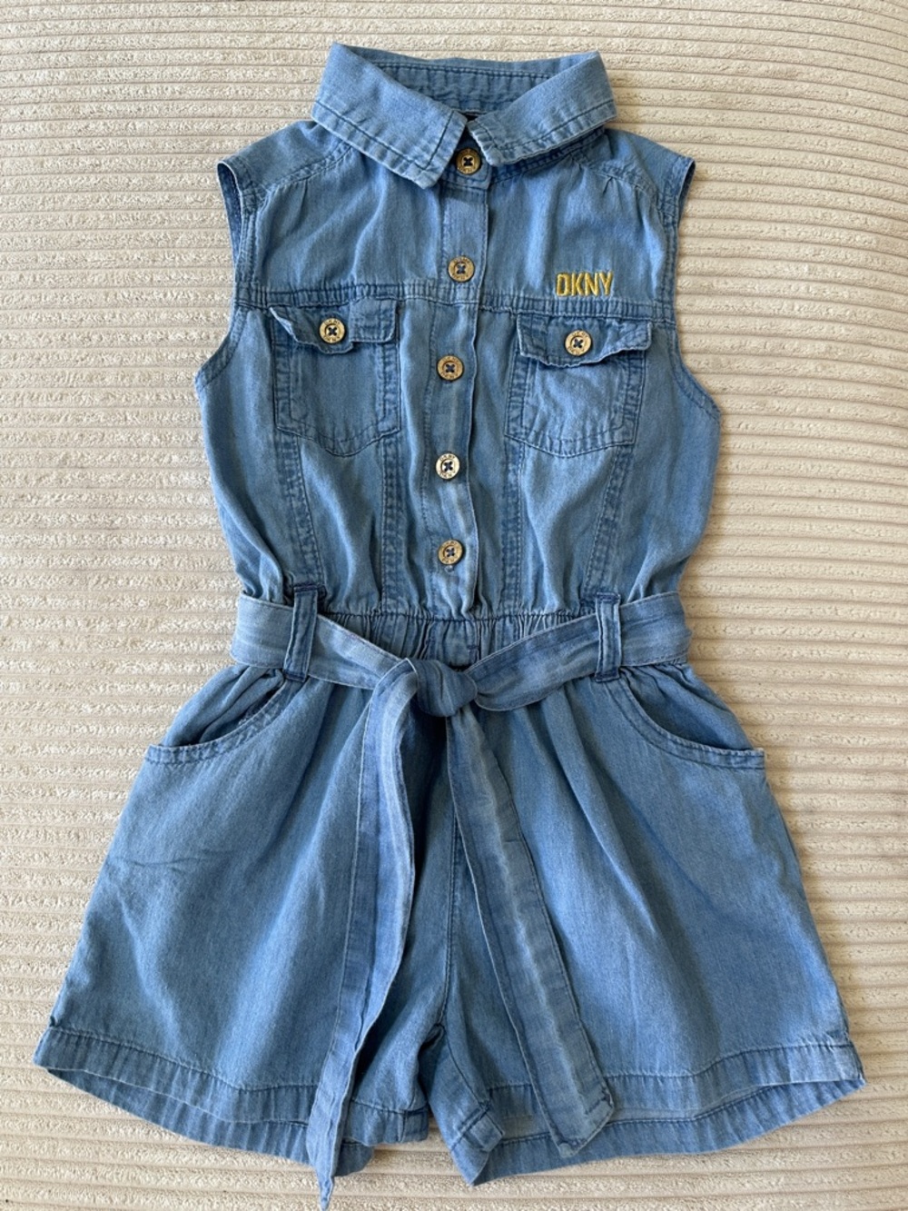 DKNY Girl’s Light Blue Denim Sleeveless Romper with Tie Belt 100% Cotton 5T
